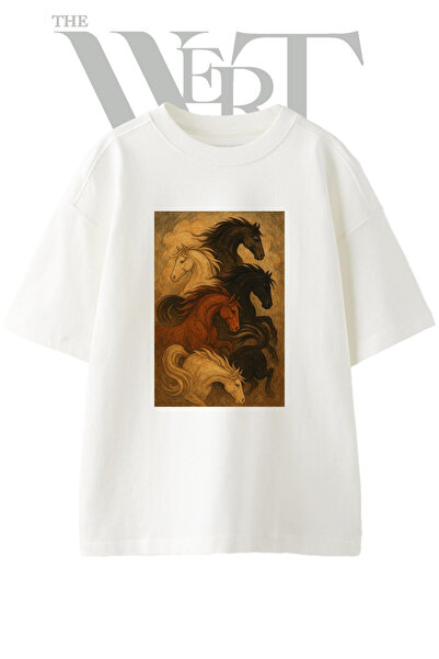 THEWERT Horses Flowing Design Printed Unisex White Oversize T-Shirt