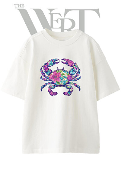 THEWERT Μπλουζάκι Unisex Λευκό Oversize με σχέδιο Floral Crab_1 και στάμπα