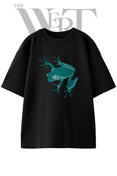 THEWERT Teal Frog Design Printed Unisex Black Oversize T-Shirt