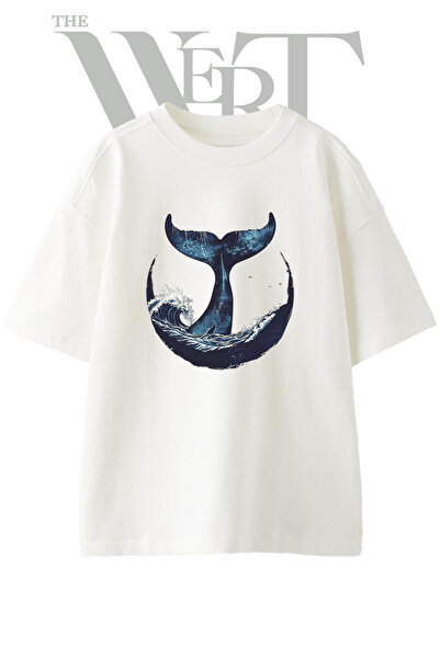 THEWERT Tricou oversize alb unisex cu imprimeu Whale Tail Design