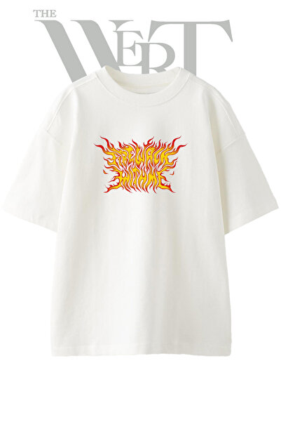 THEWERT Brutal Flame Design Printed Unisex White Oversize T-Shirt
