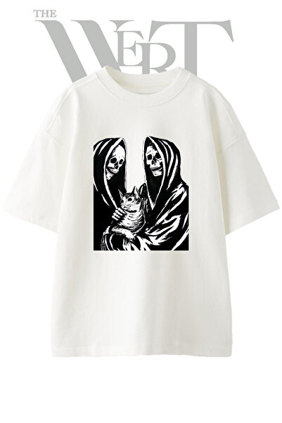 THEWERT Tricou supradimensionat alb unisex cu imprimeu Grim Reapers Cat Design