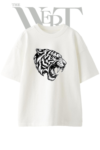 THEWERT Tricou supradimensionat alb unisex cu imprimeu Roaring Tiger Design