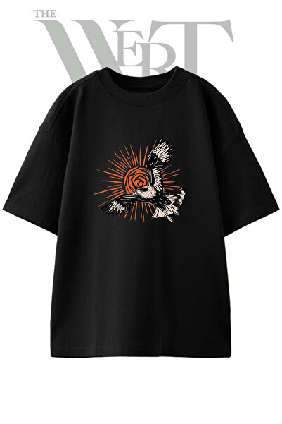 THEWERT Flying Eagle Design Printed Unisex Black Oversize T-Shirt