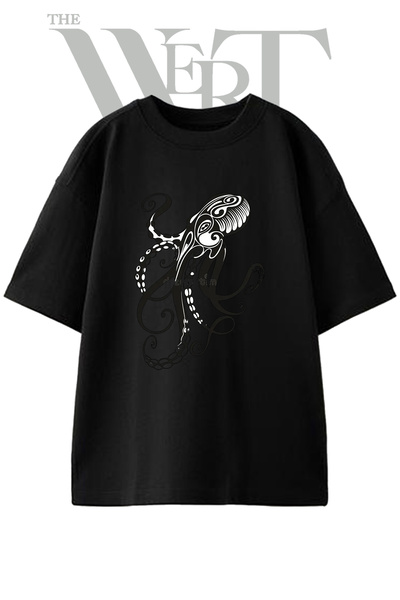 THEWERT Tribal Octopus Design Printed Unisex Black Oversize T-Shirt