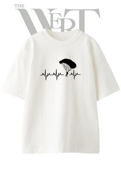 THEWERT تي شيرت أبيض كبير الحجم مطبوع بتصميم Parachute ECG للجنسين