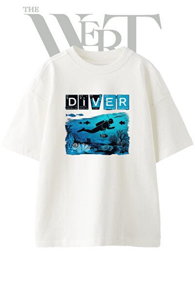 THEWERT تي شيرت أبيض كبير الحجم مطبوع بتصميم Diver Design للجنسين