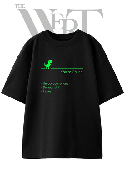 THEWERT Tricou oversize negru unisex cu imprimeu Google Dino Design