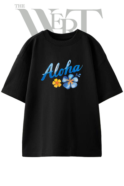THEWERT تي شيرت Aloha Hibiscus Design مطبوع باللون الأسود للجنسين