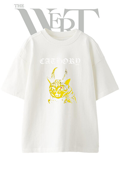 THEWERT Tricou oversize alb unisex cu imprimeu cu design de pisică cu coarne