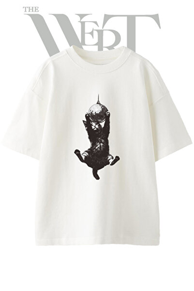 THEWERT Cat Disco Ball Design Printed Unisex White Oversize T-Shirt