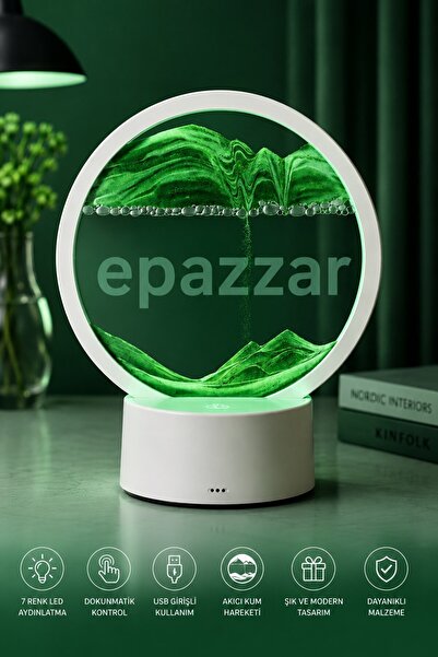 epazzar Işıklı Kum Saati Yeşil 3d Cam 7 Renk Multicolor Çöl Tasarımlı Sulu Dokunmatik Panelli Usb Girişli