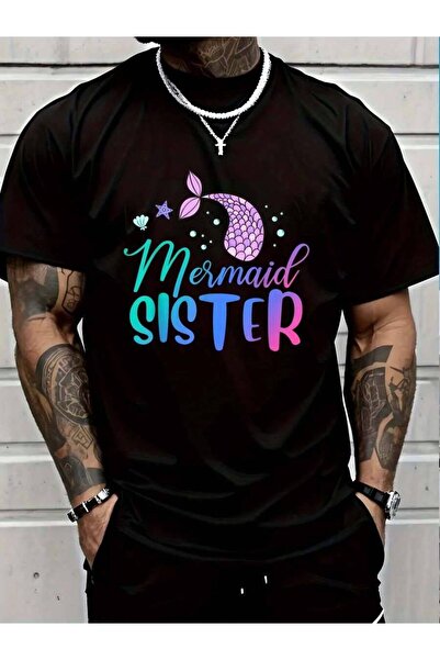 4Car تي شيرت مطبوع عليه عبارة "Mermaid Sister" مصنوع من القطن بنسبة 100%، منا...