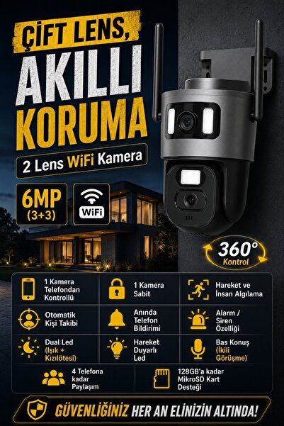 IDS 3+3MP 2 KAMERALI WIFI GÜVENLİK KAMERASI - 360 OTOMATİK - HAREKET - ALGILA...