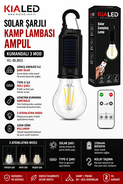 BekaTronik Solar Şarjlı Kamp Lambası Ampul Kumandalı 3 Mod LED Aydınlatma