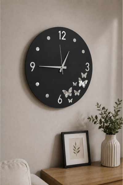 AA Shop 45 cm Kelebek Desenli Aynalı Pleksi Duvar Saati Sessiz Akar Mekanizma...