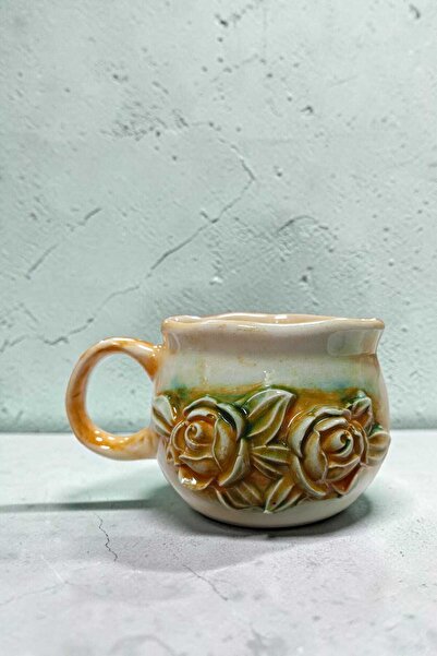 Salizera Rose Embossed Handmade 300 ml Ceramic Design Mug-Gift Mug Cup