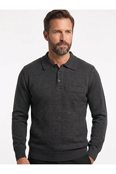 ONNO Men's Polo Collar Tricot Sweater with Elastic Waist, Steel Knitting, Cla...