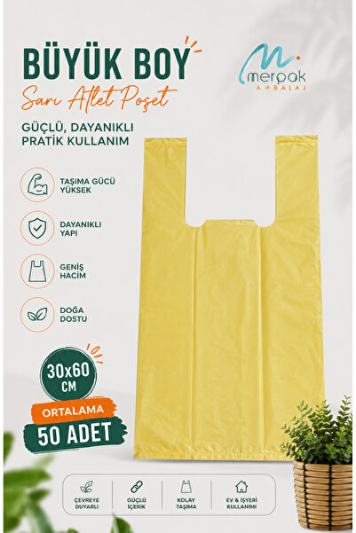Merpak Ambalaj Kalın Sarı Poşet Büyük Boy 1 Kg 30x60 cm Market Manav Poşeti Çöp Poşeti Hışır Atlet Poşet