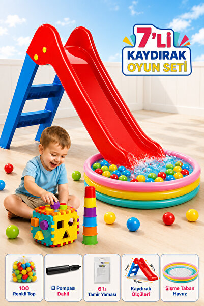 YILDIRIM OYUNCAK 7'li Çocuk İlk Kaydırağım Oyun Seti – 114×25 cm Şişme Tabanl...