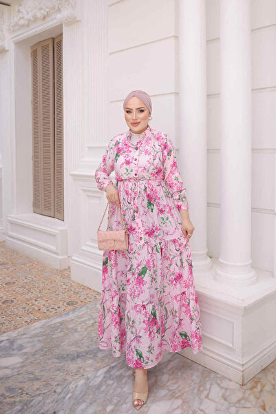 İmajButik Pink Half-Buttoned Layered Dress with Elastic Sleeves