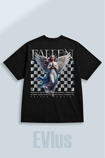 EVIus Oversize Fallen Angels με στάμπα, 100% βαμβακερό, μαύρο μπλουζάκι με φα...