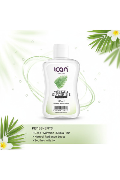 Ican London Natural & Concentrated Vegetable Glycerin 100ml – 100% Pure Plant-Based Moisturiser for Skin, Hair & DIY Cosmetic Formulations