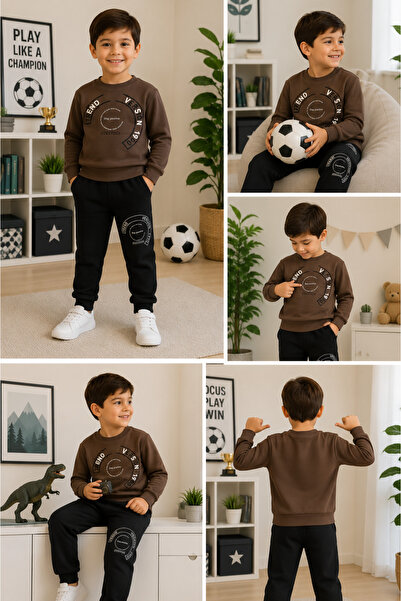 SERPİL Erkek Çocuk Kahverengi Baskılı Sweatshirt Siyah Eşofman Takımı Pamuklu...