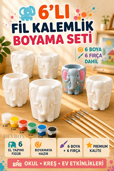 devhome 6'lı Boyanabilir Fil Kalemlik Boyama Seti | 6 El Yapımı Alçı Fil Figü...