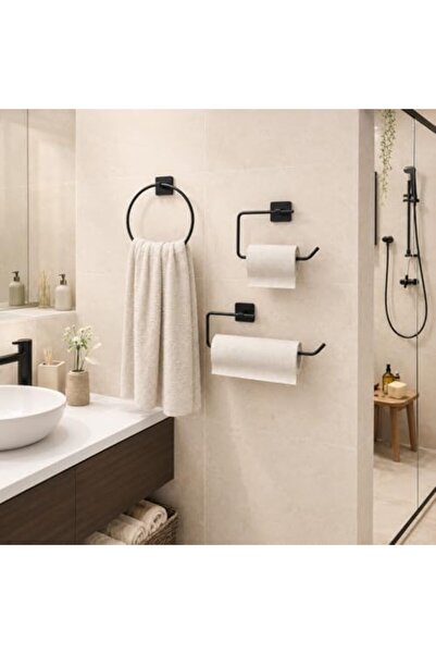 Yıldızan Meala Kozmetik Store 3-Piece Black Bathroom Set, Adhesive and Screw-Mounted Towel Holder, Toilet Paper Holder