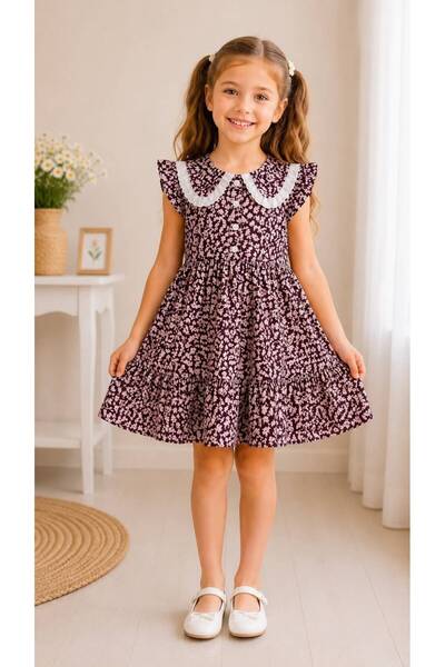 Kuzucuk Kids Bebek Çocuk Butik Kız Çocuk Kahverengi Çiçek Desenli Dantel Yaka...