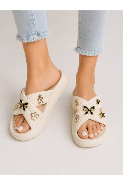 DİAMOND OUTLET Women's Double-Strapped Charm Detailed Casual Slippers with Co...