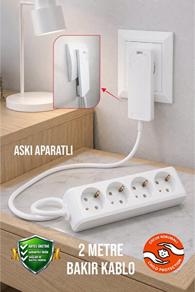 Aryes 4'lü Grup Priz 2 Metre İnce Fişli Topraklı Uzatma Kablosu 3x1.5 TTR Tam...