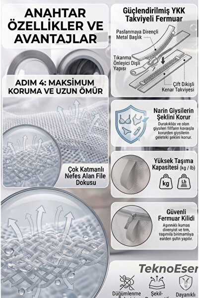 TeknoEser Sütyen Yıkama Filesi Çamaşır Koruyucu File Torbası İç Çamaşır Makinesi Yıkama Ağı