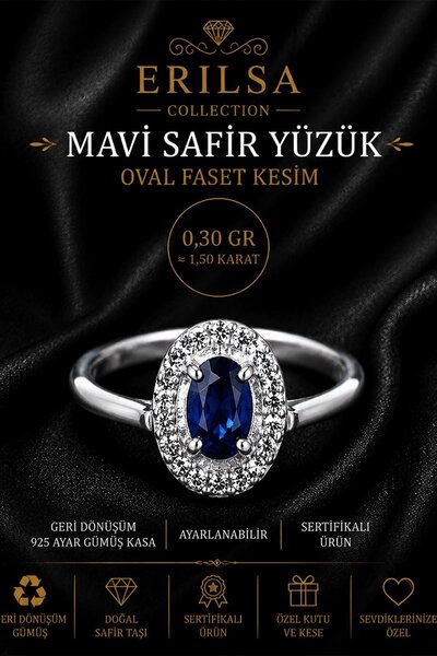 Erilsa Sertifikalı Mavi Safir Taşlı Ayarlamalı Geri Dönüşüm Gümüş Kasa Oval F...