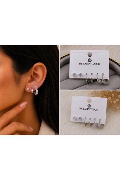 BY YASİN TOPÇU Silver Renk Taşlı ve Halka Model 6’lı Küpe Seti