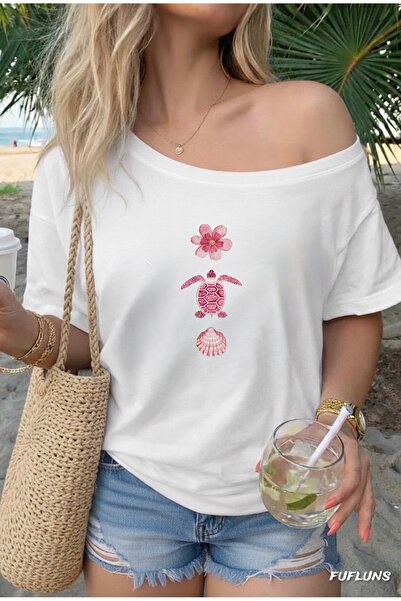 FUFLUNS Sea Shell Flower Printed Oversized Women's Boat Neck T-Shirt
