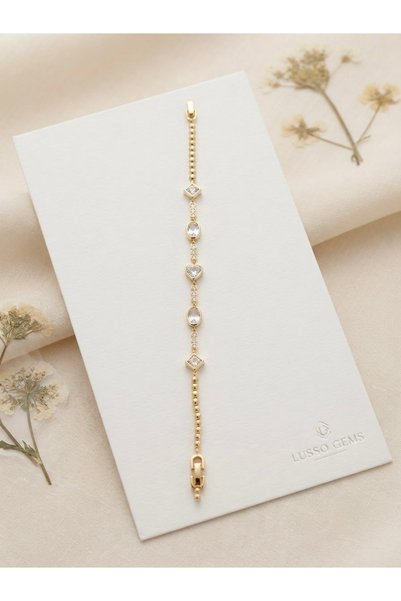 CM Steel Bracelet with Zircon Stones, Heart and Square Detail