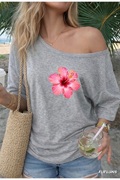 FUFLUNS Pink Flower Printed Oversized Women's Boat Neck T-Shirt