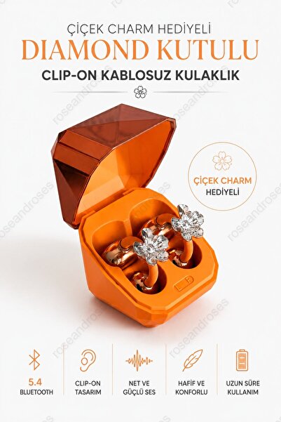 RoseandRoses Çiçek Charm Hediyeli Diamond Kutulu Clip-On Kablosuz Kulaklık (T...
