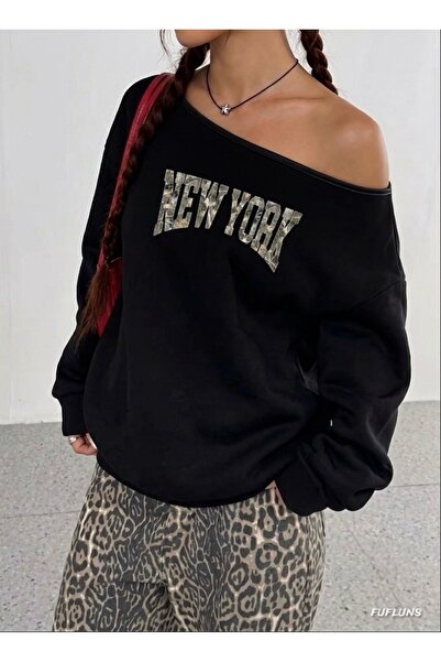 FUFLUNS New York Printed Oversized Women's Boat Neck Sweatshirt