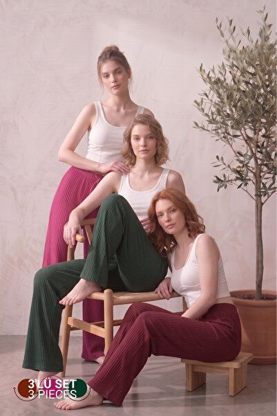 Farya Home Set of 3 High Waist Wide Leg Striped Camisole Summer Pajama Bottoms