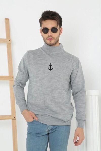 Mariposa Secret Men's Half-Turtleneck Sweater Printed Woven Knitwear - Gray