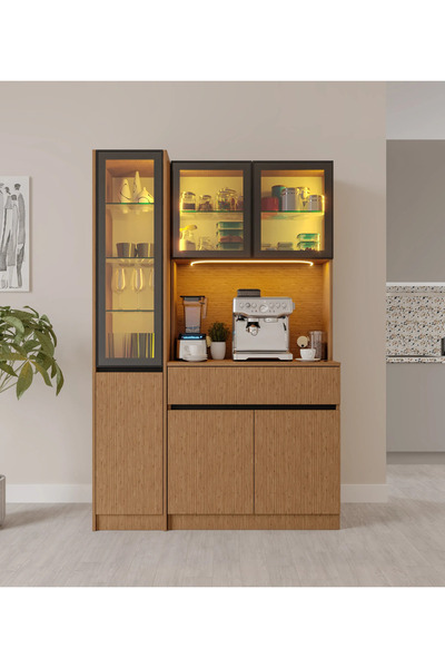 MaceraMobilya Bambu Midi Sol Vitrinli Komple MDF LED Aydınlatmalı Kahve Köşesi