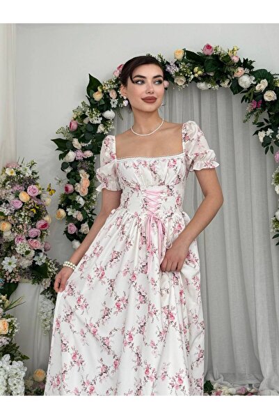 Nura Boutique Çiçekli Desenli Kare Yaka Yazlık Midi Elbise