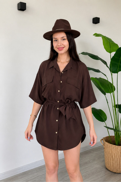 Generic Brand Women's Belted Oversize Shirt Tunic with Pockets Loose Fit