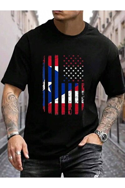 KYMC07 100% Cotton American Flag Rican Roots Puerto Rico Men's Black Vacation...