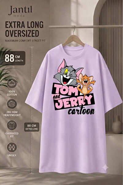 JANTIL MODA Crew Neck Tom and Jerry Printed Extra Long Oversize Tunic T-Shirt...