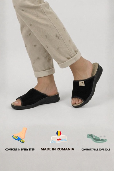 MARIBON Papuci de Casa Decupati cu interior din Piele Negru cu talpa ULTRA SOFT