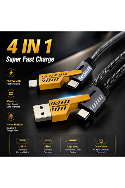 OEM Cablu 4 în 1 USB-C, Lightning și Micro USB – Încărcare Rapidă până la 65W...